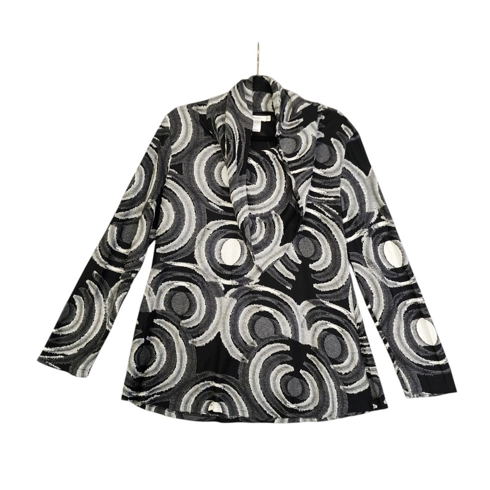 Feratelli Womens Cowl Neck Tunic Top Size Large Black Gray Geometric Circle